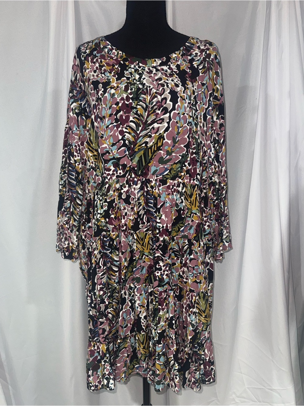 JODIFL Long Sleeve Floral Tiered Dress - Black, Mauve, Mustard, Teal